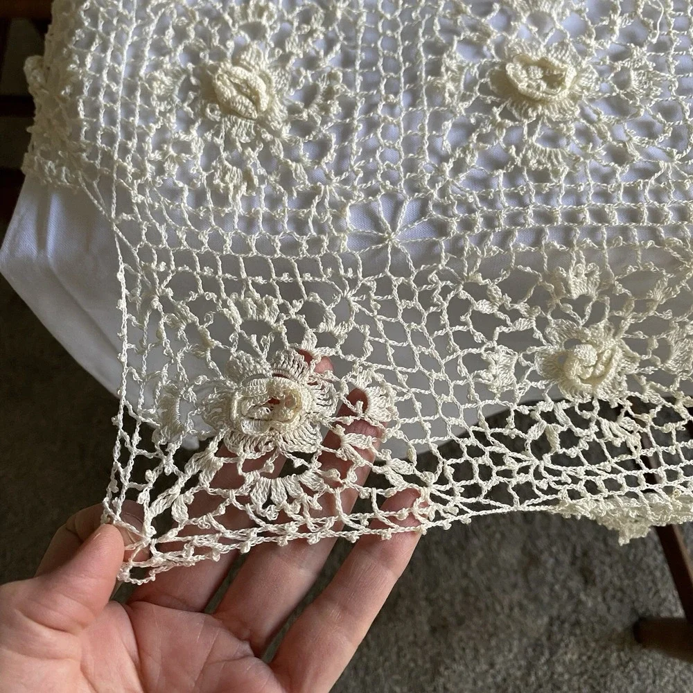 Vintage Crochet Tablecloth Triangular Cream Floral Victorian Shabby Chic